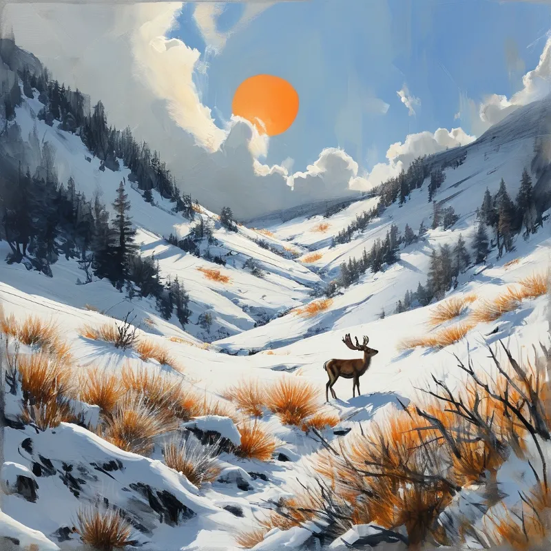 A stag stands on a snowy slope with pine trees and a large orange sun in the sky.