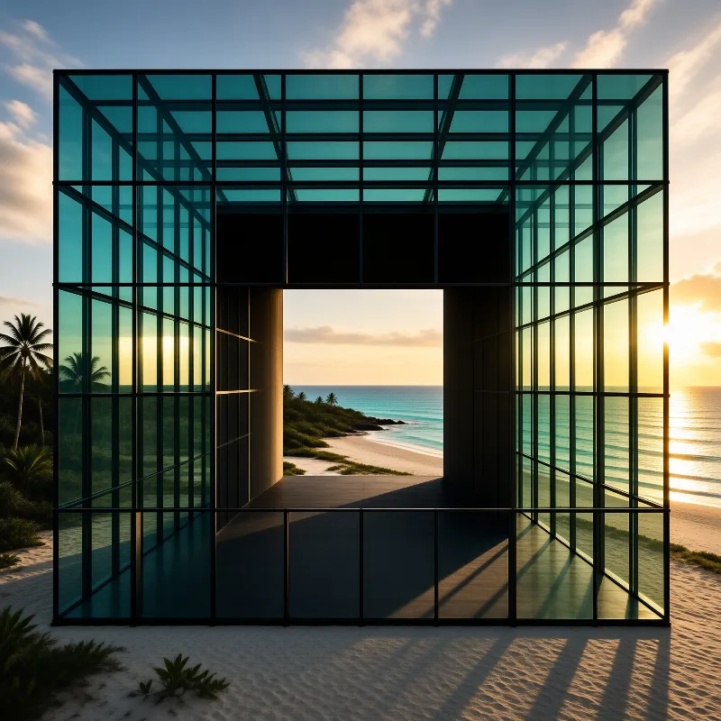 A cubic glass structure with dark framing stands on a white sandy shore facing the ocean during golden hour with the sun glowing low on the horizon to the right casting long shadows across the interior floor and reflecting off the blue panels while palm trees frame the left side of the scene