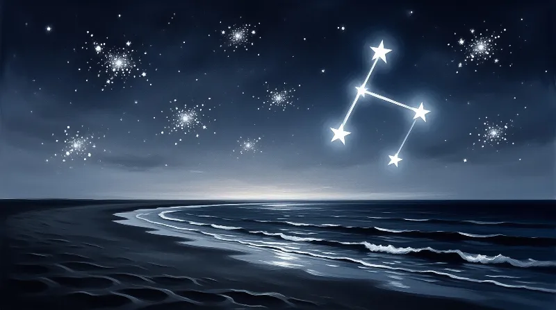 A vast dark ocean with gentle waves stretches toward a deep blue night sky featuring a bright constellation and scattered star clusters.