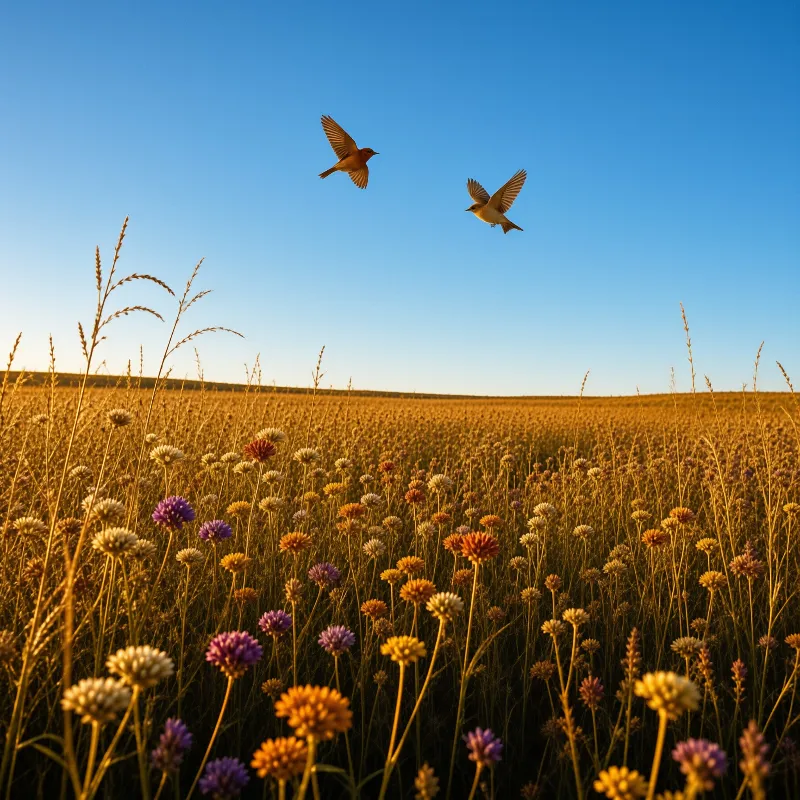Two small birds glide above a sunlit meadow filled with purple orange and cream blooms under a clear blue sky.