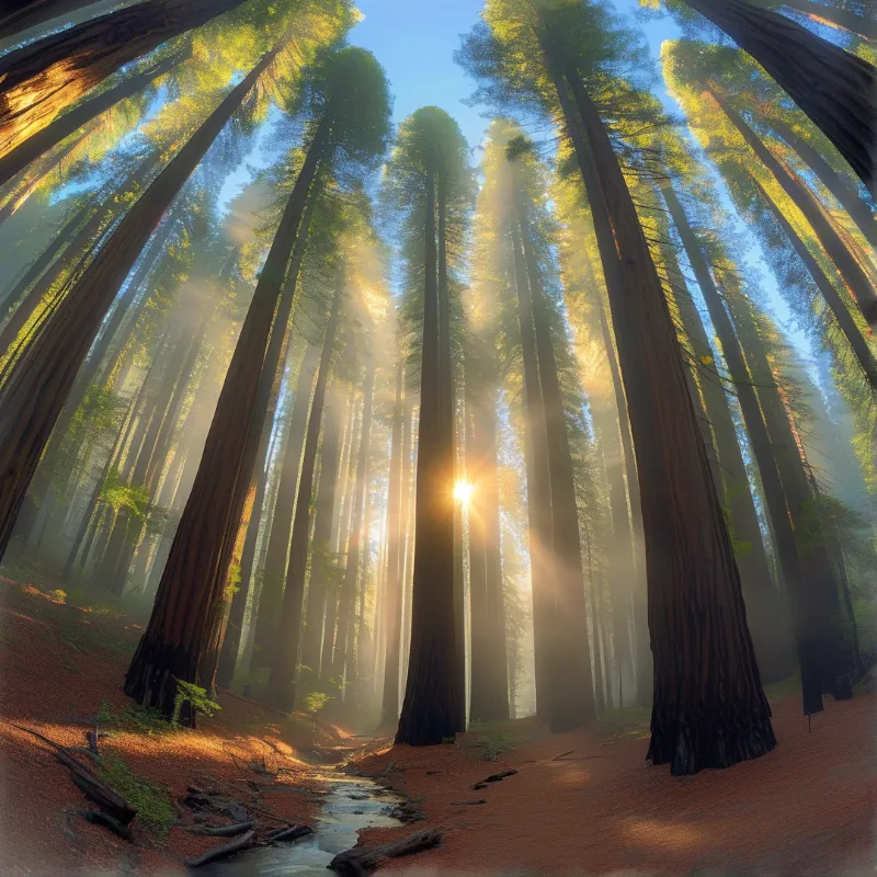 Towering sequoia trees stand in a misty forest with golden sunbeams cutting through the canopy to the ground
