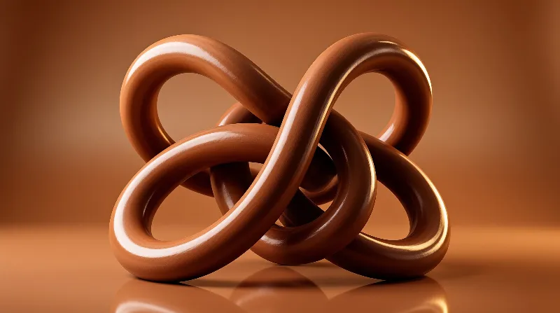 A glossy brown knot sculpture rests on a reflective surface under warm lighting.