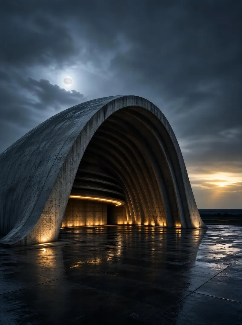 A large concrete arch structure stands in a wet plaza under a cloudy sky with the full moon and setting sun creating a dramatic light