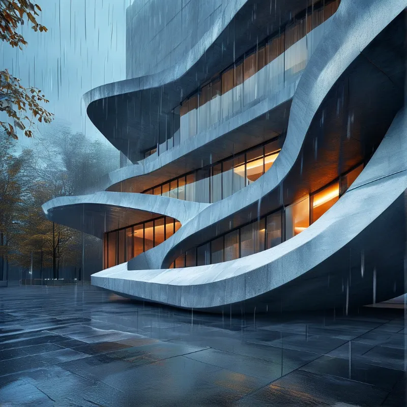 A modern curved structure features warm interior lighting visible through glass windows during a heavy rain shower.