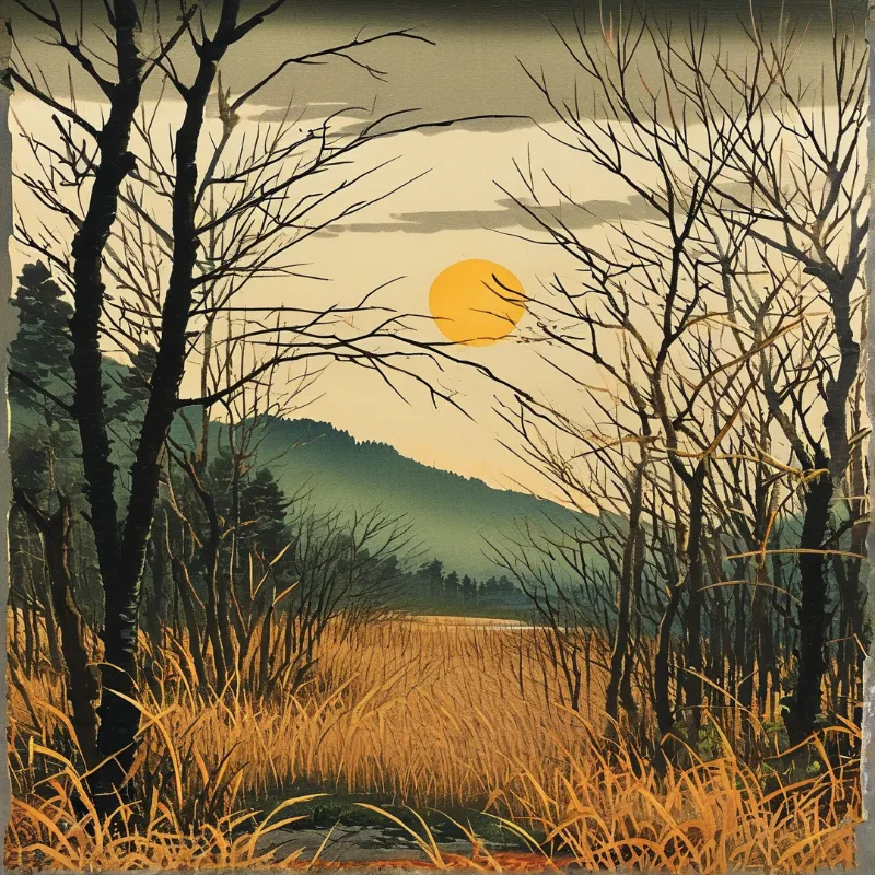 Leafless trees and golden grass surround a green hillside with a large yellow sun in the sky.