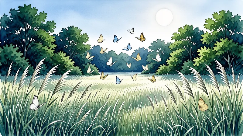 Colorful butterflies in yellow, blue, and white fly across a sunlit meadow surrounded by green forest under a pale blue sky