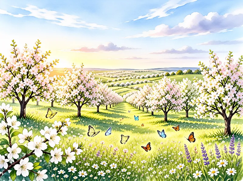 Rows of blossoming trees line a green valley while colorful butterflies dance over wildflowers in bright sunlight.
