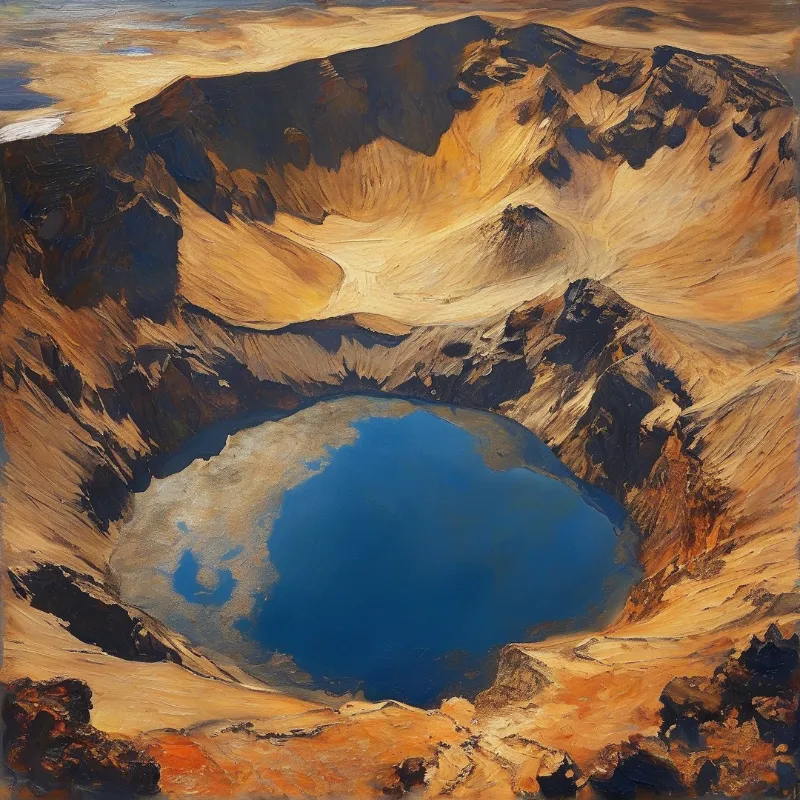 An oil-painting view looks down into a deep volcanic bowl holding a still blue pool of water.