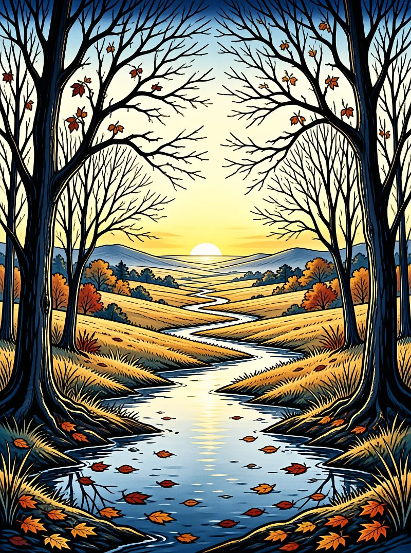 A winding river flows through a golden valley framed by dark trees while a sun rises over distant blue mountains.