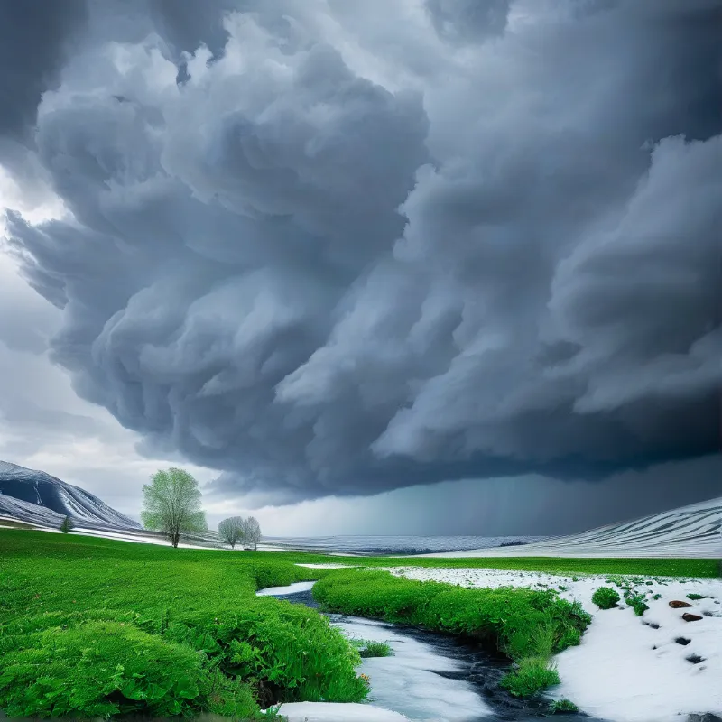 A heavy grey supercell crowds the sky above a green valley where a meltwater brook winds between grass and snow patches.