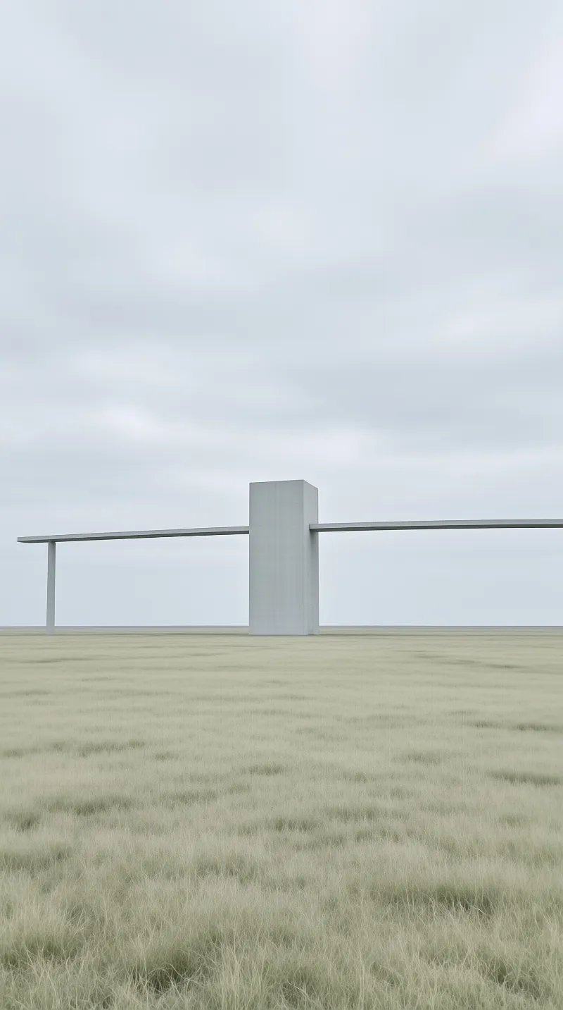 A pale gray concrete block stands in a vast field with a long horizontal beam beneath a flat overcast sky.