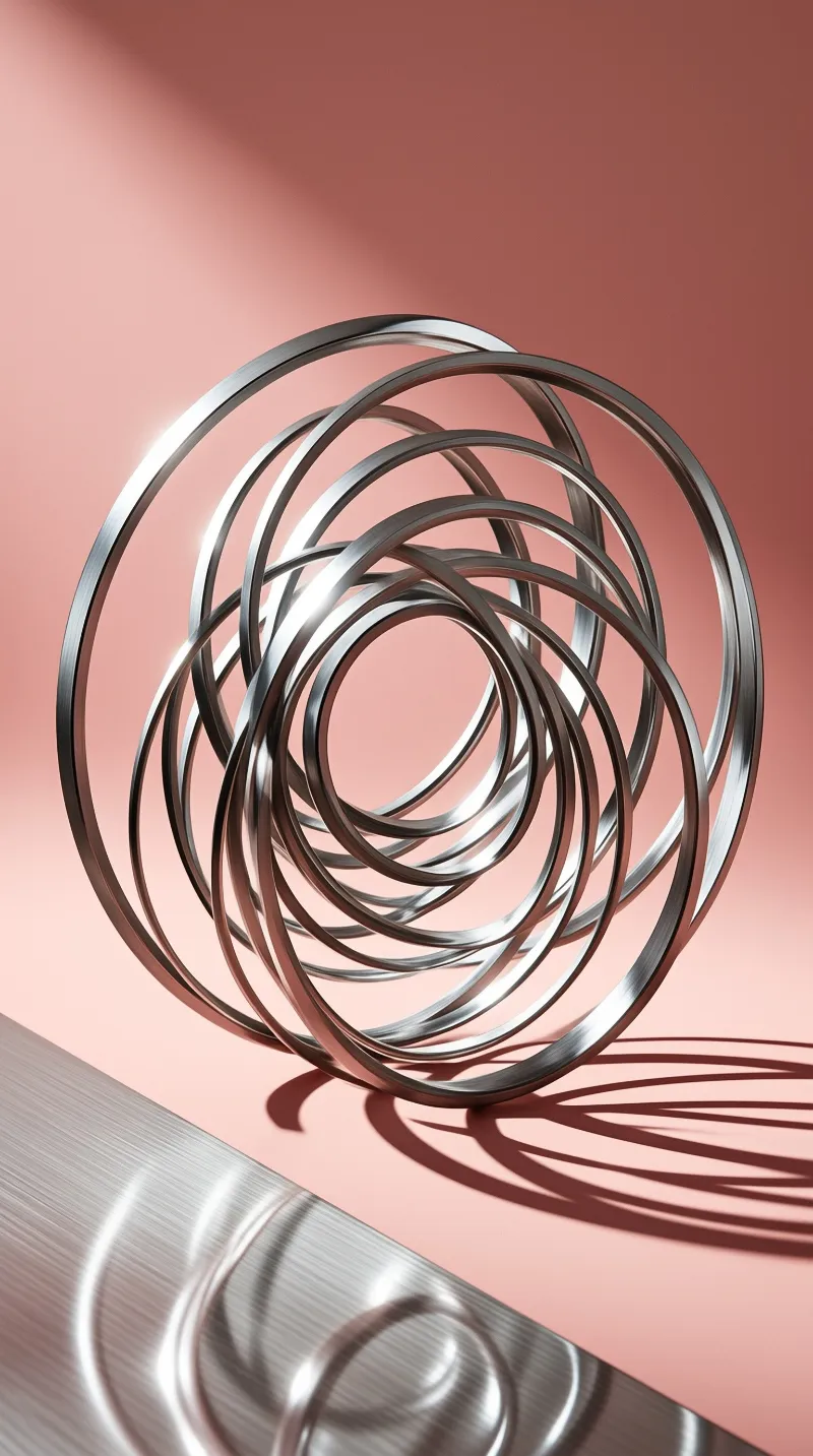 Several polished metal rings form a spiral shape against a pink wall with a reflective metal surface in the foreground.