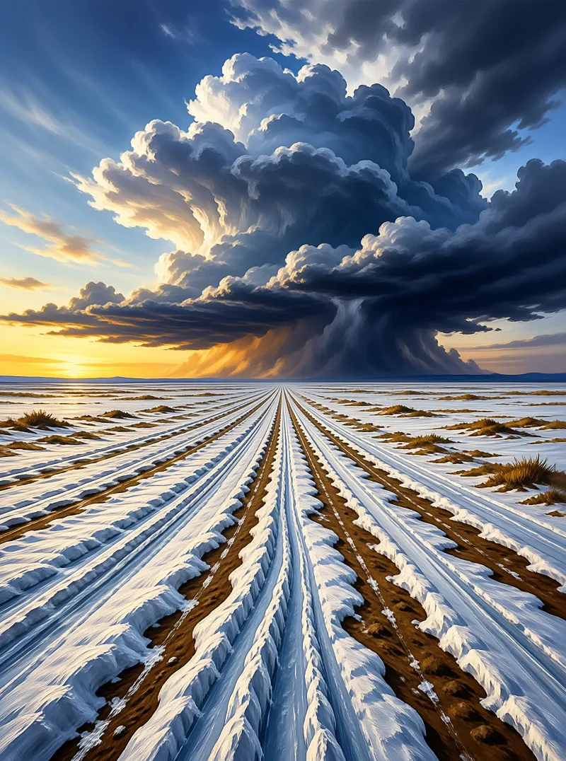 A towering storm cloud looms above a snowy field marked by deep parallel furrows under a golden sky.