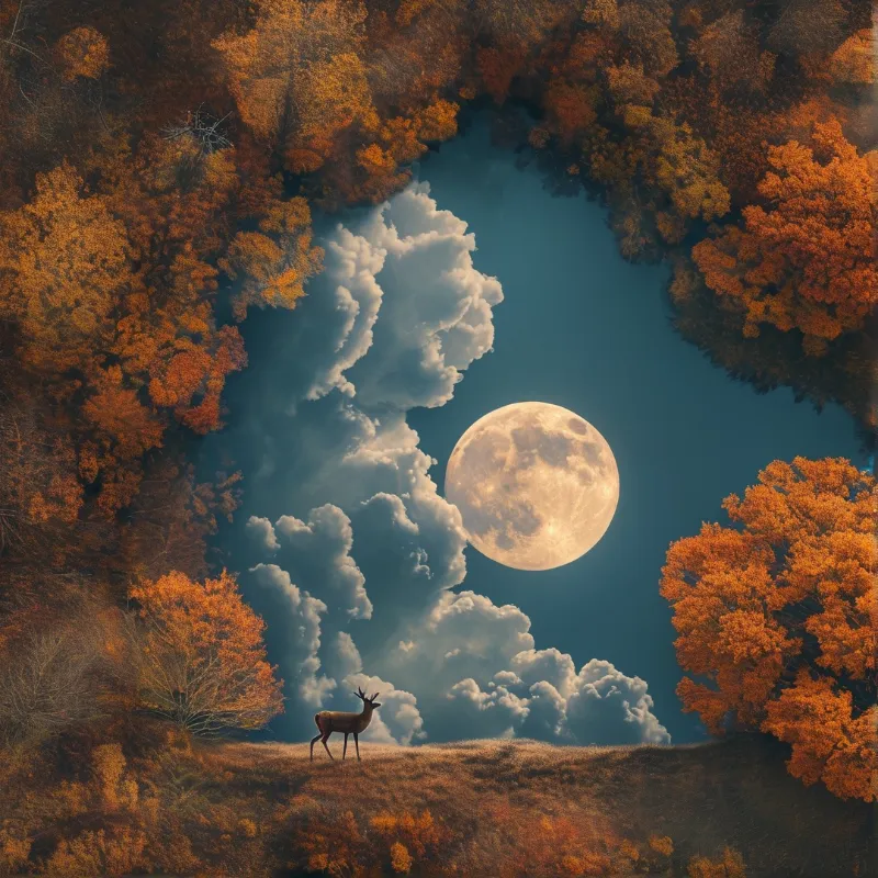 A stag stands on a grassy hill surrounded by orange autumn trees looking up at a large full moon in a cloudy blue sky.