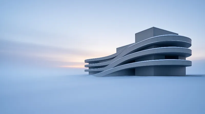 A futuristic building with curved concrete levels rests on a flat white surface surrounded by fog and a pale sky.