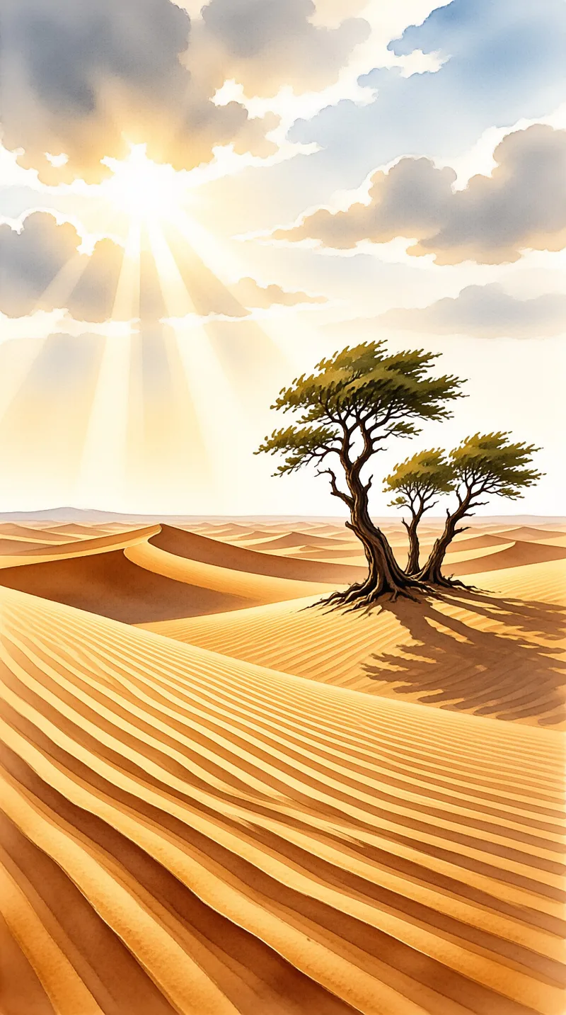 A trio of gnarled trees with green canopies stands on rippled sand dunes while bright sunbeams pierce the clouds above.