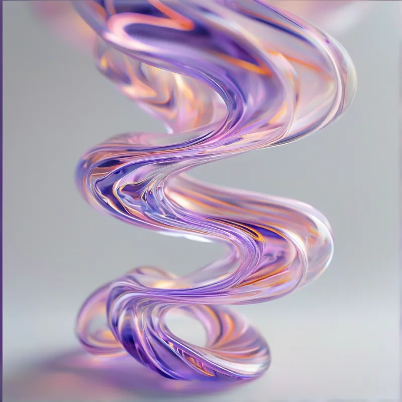 A fluid glass-like spiral curves vertically while displaying iridescent purple and orange reflections on a soft gray surface.
