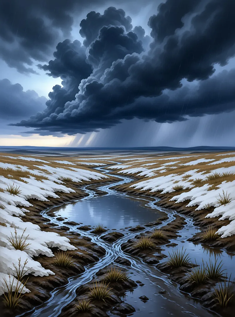 A heavy rain laden sky hangs above a melting grassland cut by a narrow silver stream.