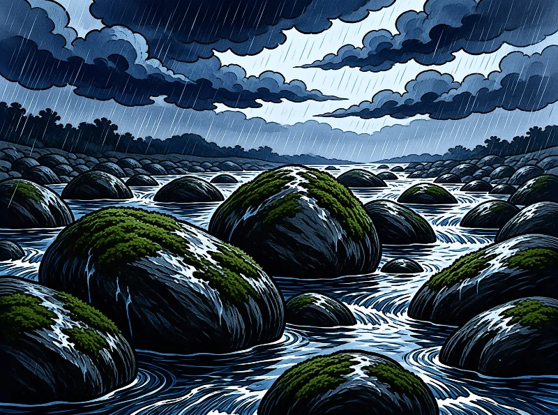 Large mossy rocks in a river during a heavy rainstorm with dark clouds and diagonal rain streaks.