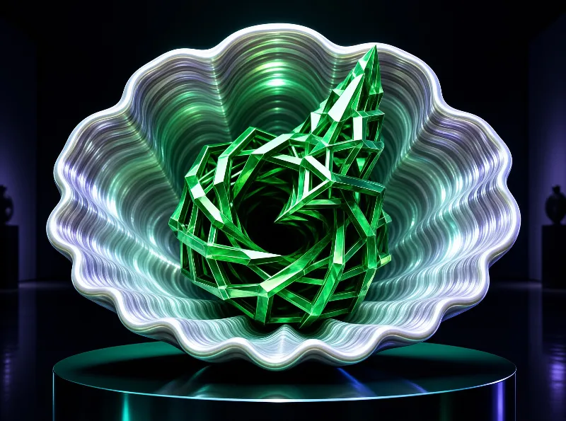 A glowing green geometric sculpture rests inside a wavy iridescent shell on a reflective black pedestal.