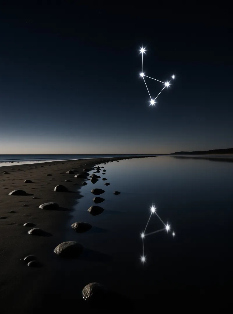 A bright star pattern hangs above a dark volcanic beach and repeats in the glassy shallows under deep blue dusk