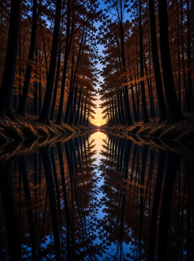 Tall autumn trees flank a still flooded lane where the last sun doubles in mirror-dark water