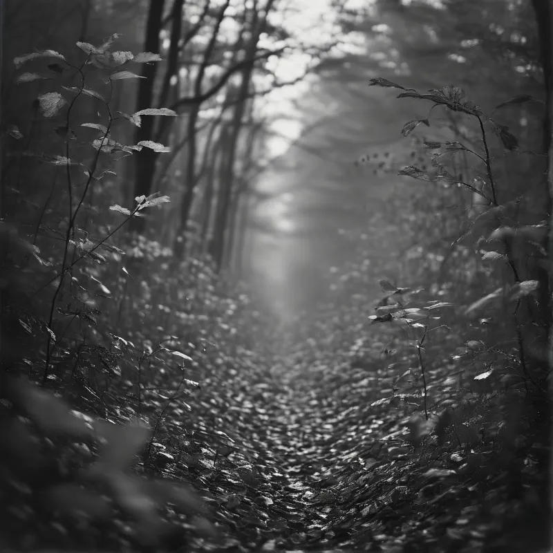 A black and white view of a misty woodland where beams of light break through the trees onto the forest floor.