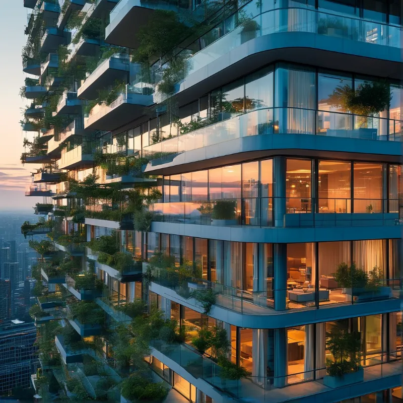 A curved high-rise displays balconies covered in green plants while warm interior lights glow against the cool evening sky.
