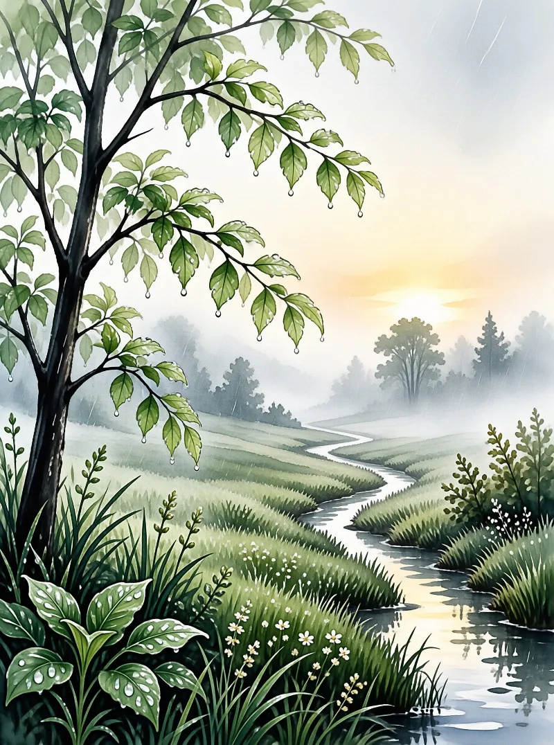 A green tree with water droplets stands beside a winding stream reflecting soft sunlight through foggy distant woods.