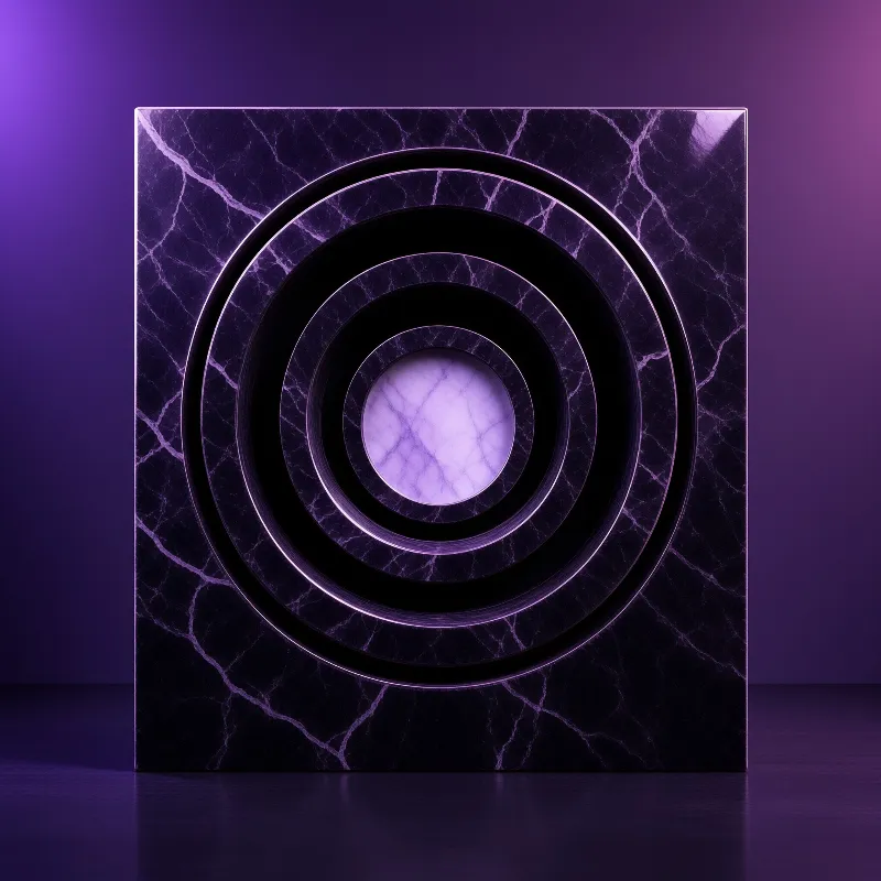A square stone slab carved with nested black circles and a luminous violet core sits on a purple stage.