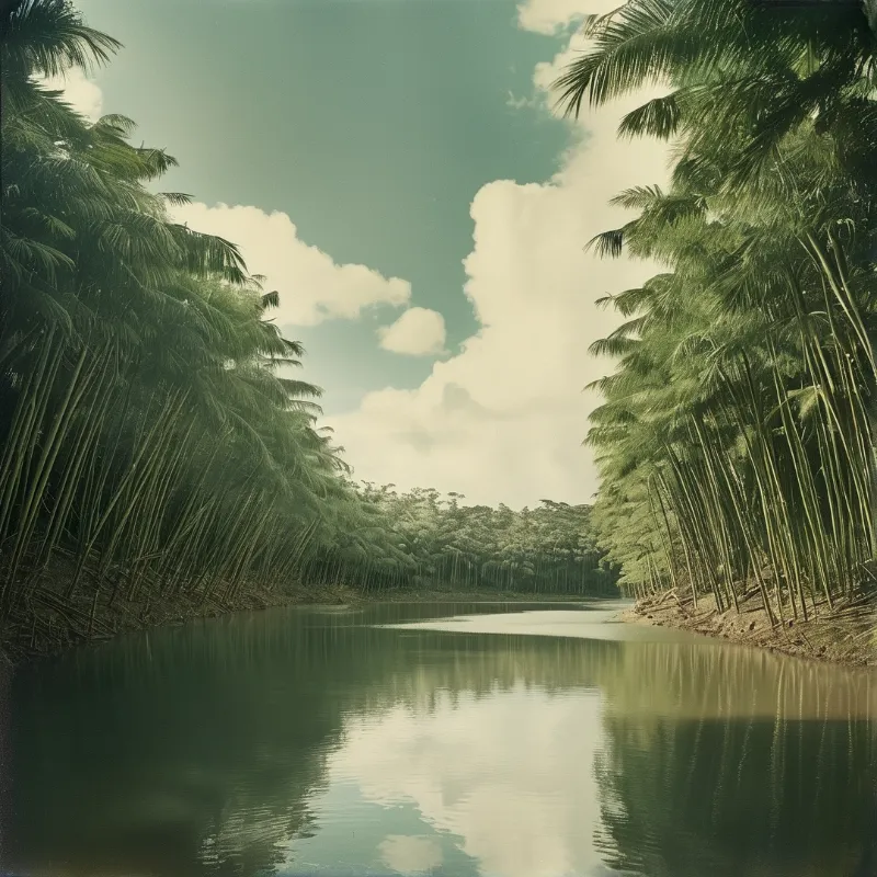 Slender green canes arch over still water on both banks, their reflections broken only by a pale bank of cumulus cloud.