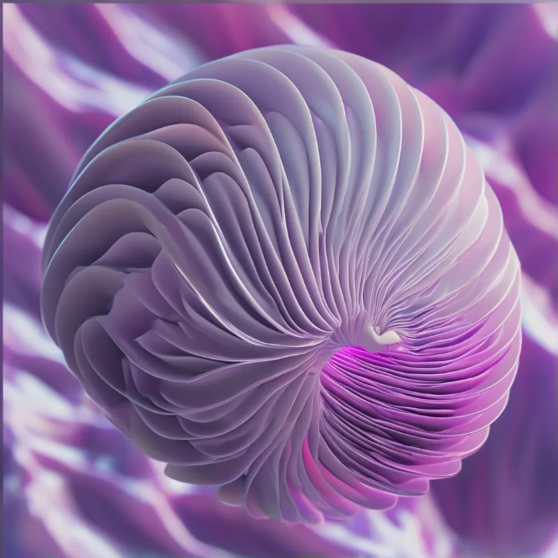 A three dimensional spiral shell form with layered ribbons glowing in shades of purple against a blurred background.