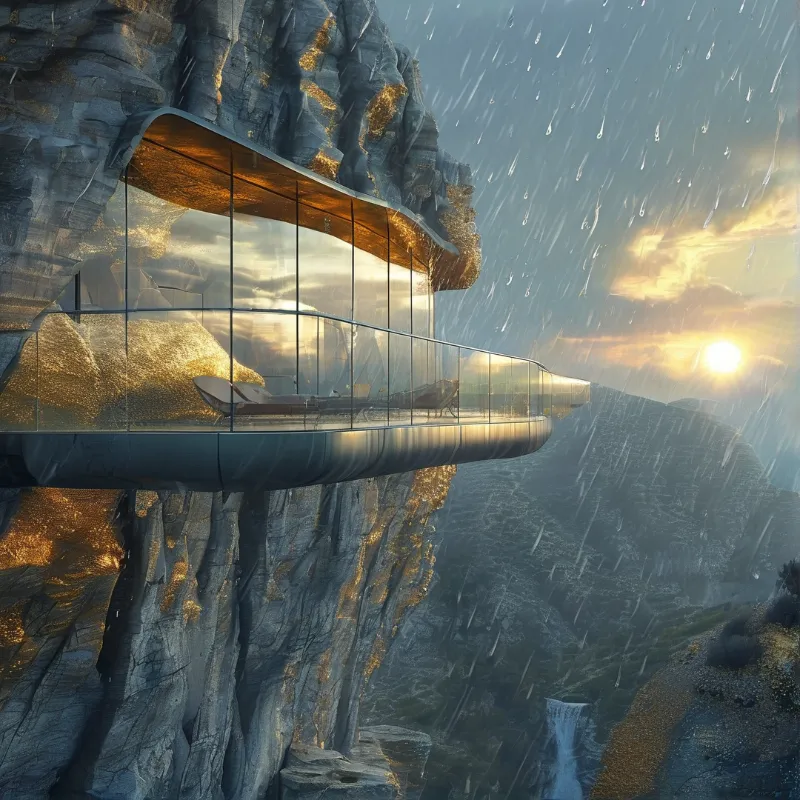 A curved glass room extends from a rocky cliff face lit by golden sunlight amidst falling rain.