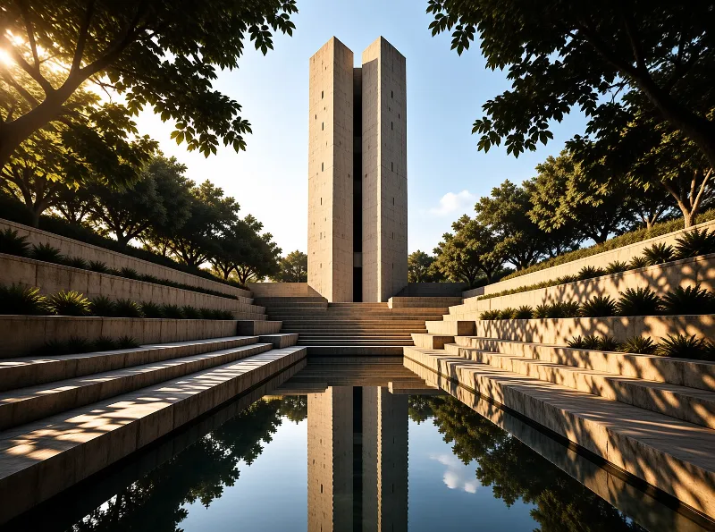 Two tall concrete pillars stand at the end of a terraced stone staircase, mirrored perfectly in a calm pool of water.