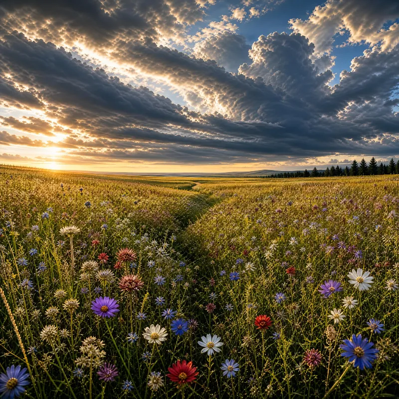 Wildflower Field Under Dramatic Sunset Sky