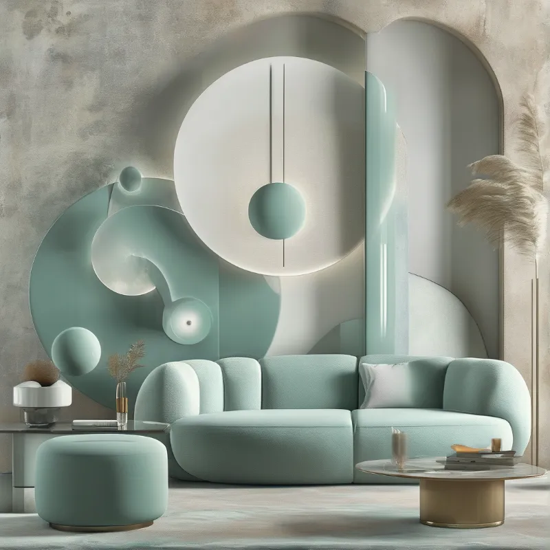 A rounded mint green sofa sits beneath a glowing white circular wall lamp and geometric arches in a soft toned living room