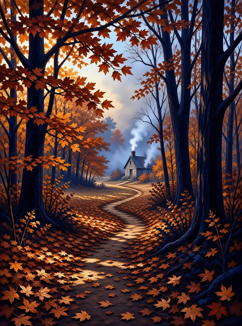 A dirt trail winds through an autumn maple forest at dusk, leading to a smoke-emitting stone cottage lit by warm low sunlight.