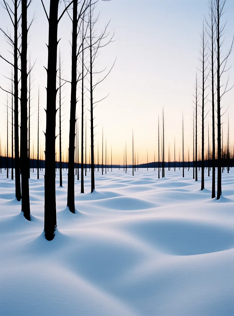 A snowy landscape features tall dark trees silhouetted against a fading orange and blue sky.