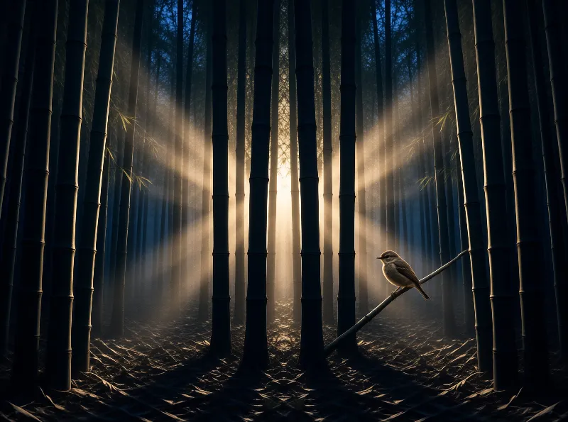 A small bird perches on a branch in a bamboo grove while beams of sunlight cut through the misty vertical stalks.
