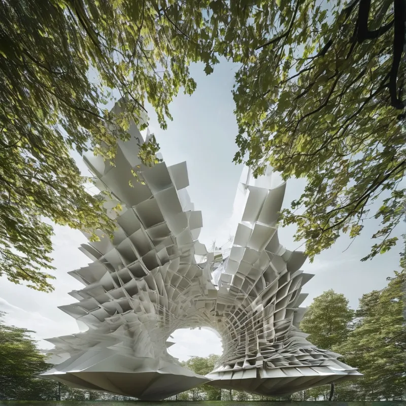 A large white pleated sculpture stands like a tunnel amidst green trees and a bright blue sky.