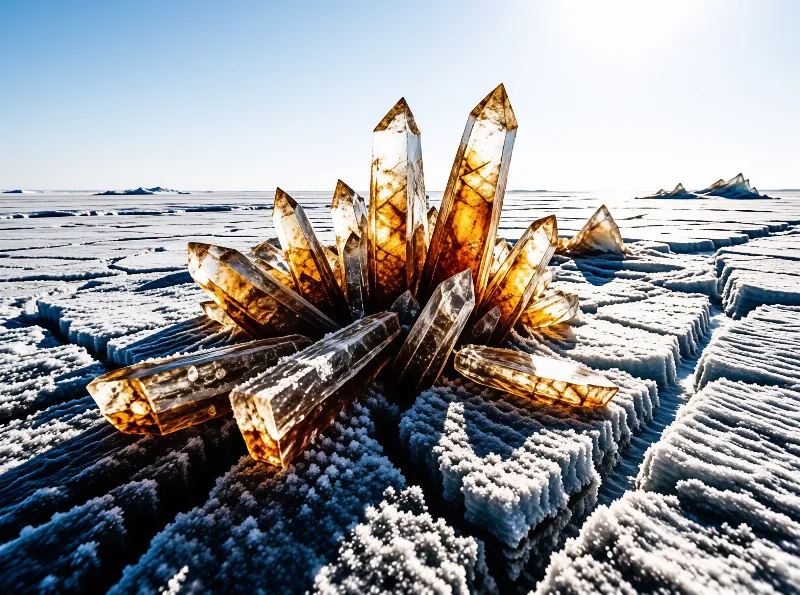 A massive cluster of yellow-brown crystals rises from a white creviced salt flat under bright daylight