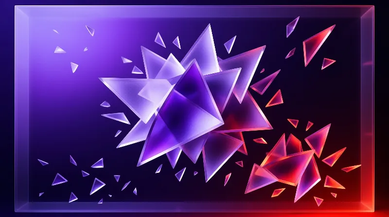 Geometric shapes with neon purple and orange gradients are suspended against a dark background creating a digital aesthetic.