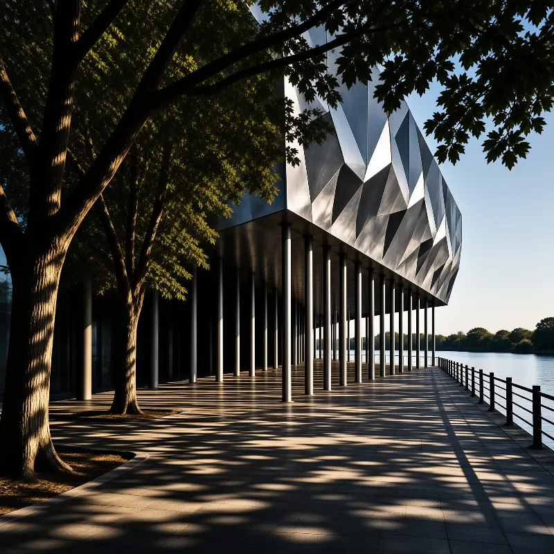 A modern structure with a faceted metal exterior lines a waterfront promenade, casting sharp shadows across the pavement.