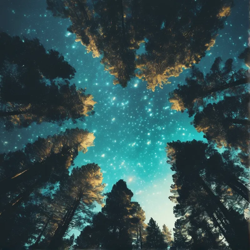 A low angle view looking up through tall pine trees at a vibrant teal night sky filled with bright stars.