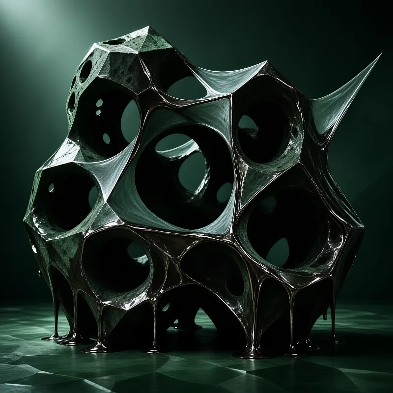 A glossy dark object with large pores and dripping legs sits on a green surface under cool teal lighting.