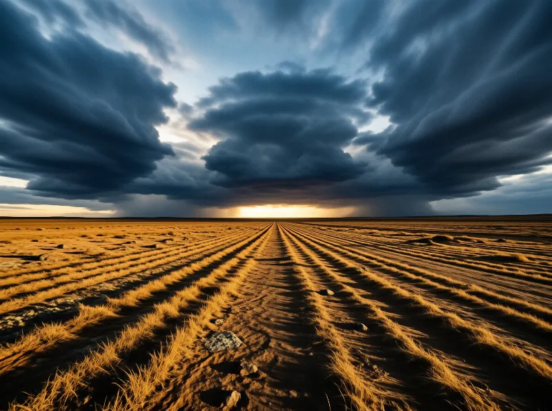 Rolling sand dunes bathed in golden light contrast sharply with heavy dark clouds above the horizon.