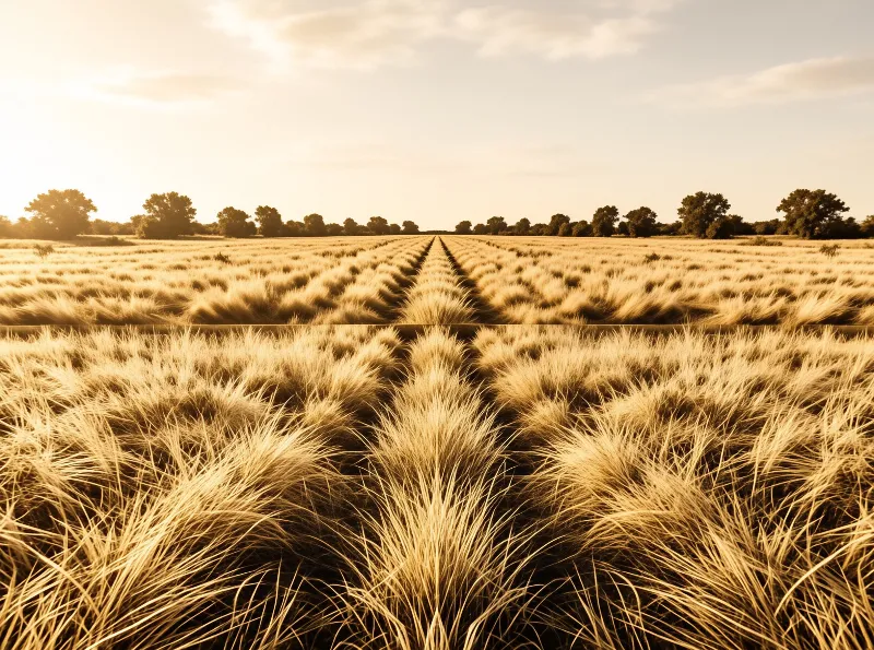 A vast field of tall golden grass is organized into rows that converge toward distant trees under a warm hazy sky.