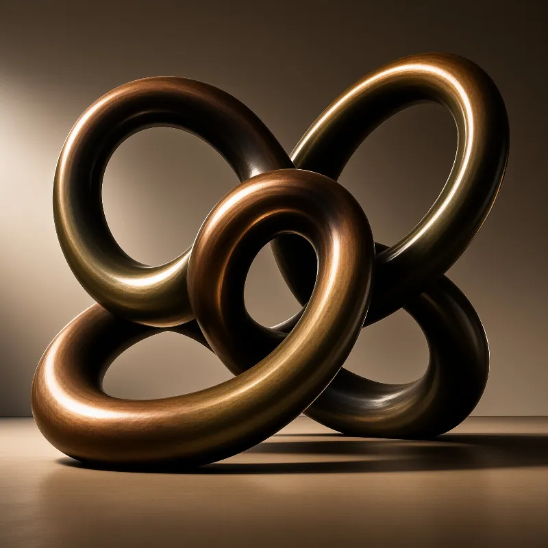 Interlocking polished bronze rings cast deep shadows across a smooth warm beige surface beneath a single spotlight.