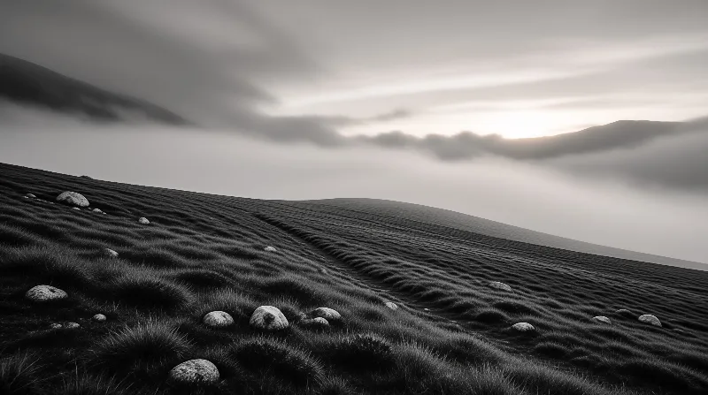 Monochromatic landscape with windswept rocky hills beneath a heavy sky pierced by sunlight through low clouds.