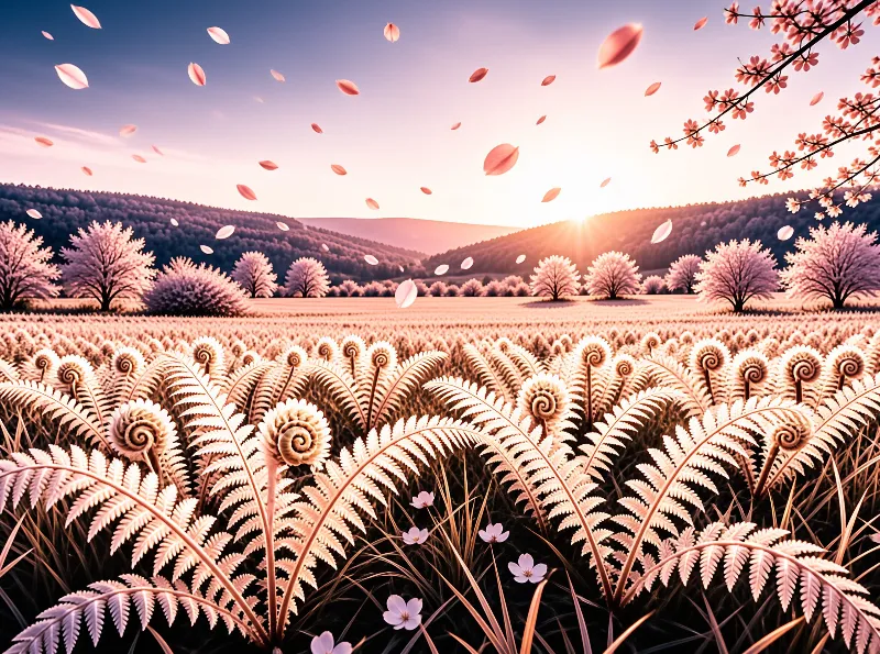 A surreal landscape with giant spiraling ferns in the foreground and cherry blossoms floating in a pastel pink sky during golden hour